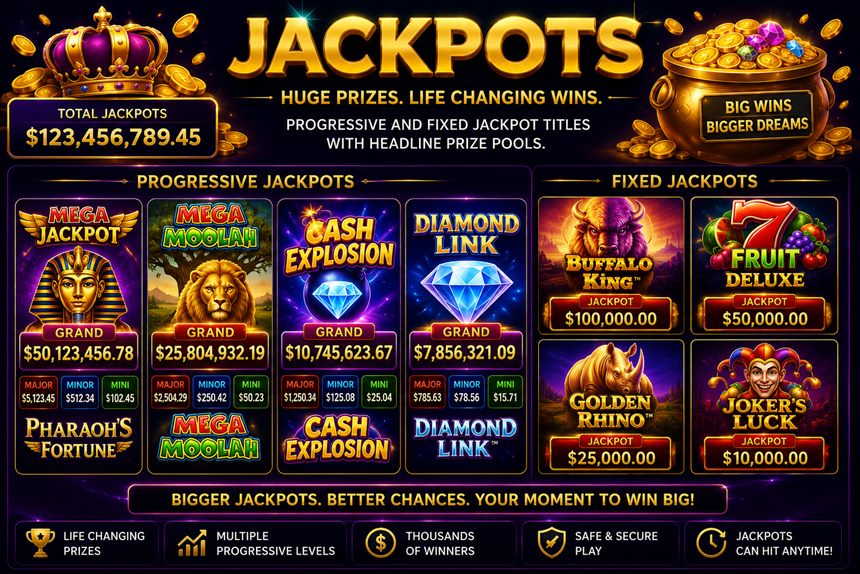 Crown99 Jackpots category displaying progressive and fixed jackpot slot titles with headline prize pools