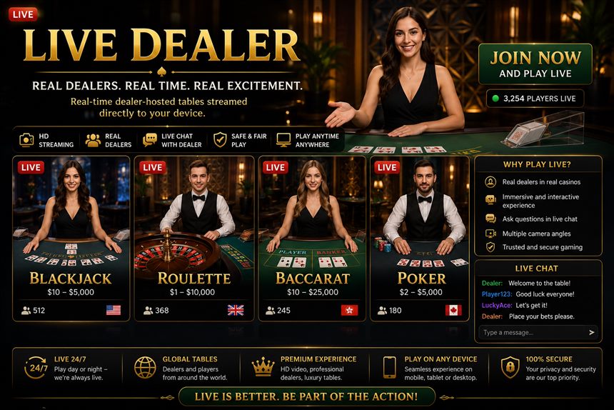 Crown99 Live Dealer category showing real dealers hosting Blackjack, Roulette, Baccarat, and Poker tables streamed in real time