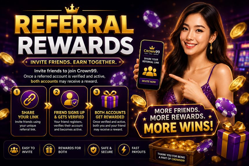 Crown99 Referral Rewards: invite friends and earn together when a referred account is verified and active