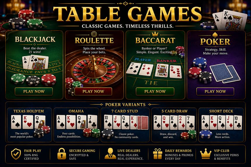 Crown99 Table Games category featuring Blackjack, Roulette, Baccarat, and Poker with multiple poker variants